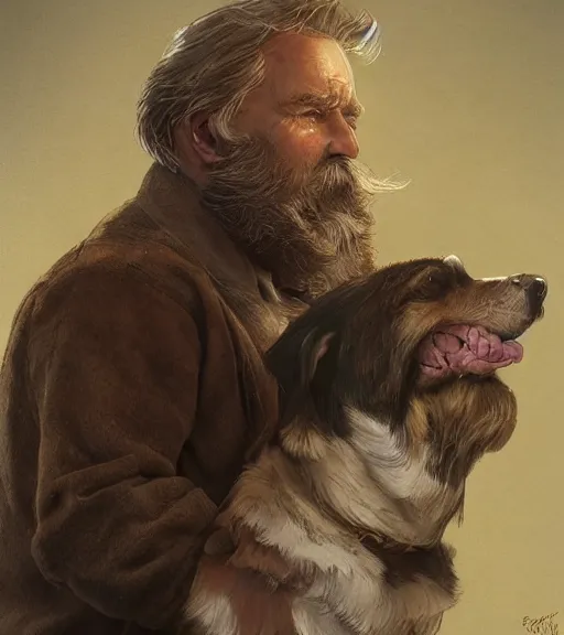 Image similar to full portrait of a old, ruggedly handsome bearded man petting a corgi dog, soft hair, muscular, half body, cloth, d & d, fantasy, intricate, elegant, highly detailed, digital painting, artstation, concept art, smooth, sharp focus, illustration, art by artgerm and greg rutkowski and alphonse mucha