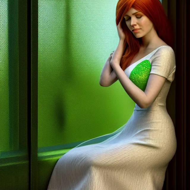 Prompt: an amazing! render of a woman with auburn hair and a white veil on her head wearing a green dress sitting in front of an open window, an ambient occlusion render, featured on zbrush central, hyper realistic art, neural pointillism, houdini, zbrush, warm earth tones