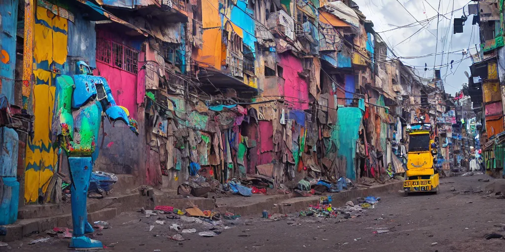 Image similar to colourful giant mecha ROBOT of AJEGUNLE SLUMS in Lagos, markings on robot, neon lit slum, night time,