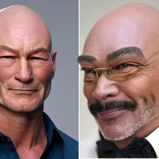 Image similar to a man who is a genetic combination of patrick stewart and jonathan frakes and levar burton and michael dorn and brent spiner, face and upper - body focus, detailed eyes