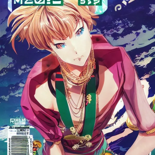 Image similar to Magazine Cover Anime key visual of a Gucci girl; official media; typography; drawn by Hirohiko Araki; Jojo's Bizarre Adventure; Jojolion, portrait, made by Stanley Artgerm Lau, WLOP, Rossdraws, James Jean, Andrei Riabovitchev, Marc Simonetti, Yoshitaka Amano, ArtStation