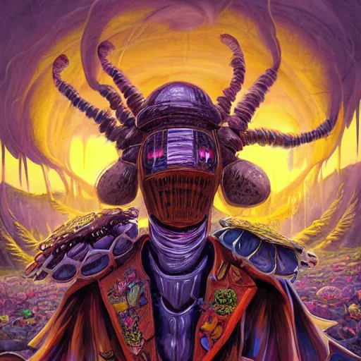 Image similar to 4 k headshot portrait of a psychedelic demonic anthropomorphic insect knight with mushroom themed clothes, magic mushroom village in background by jeff easley, award winning, stylized neon, post - processing, masterpiece, superb resolution. in the art style of junji ito and greg rutkowski. detailed mushroom city in background. hyper realistic anime. perfect art. dalle 2