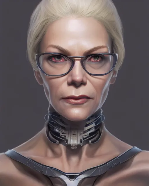 Prompt: full body image of a thin blonde middle aged lady cyborg with glasses, elegant, real life skin, intricate, high detailed, artstation, concept art, smooth, sharp focus, art by artgerm and greg rutkowski