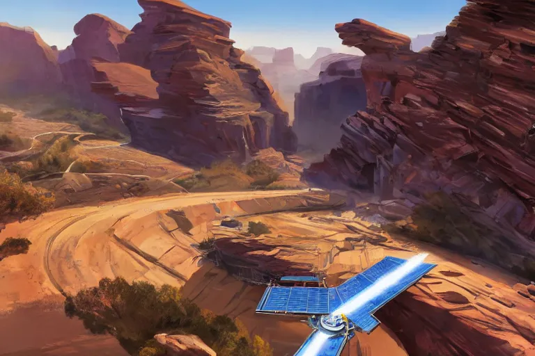 Image similar to spacecraft speed race road into the mountain rocks like grand canyon. Illustration by Blizzard and Ubisoft
