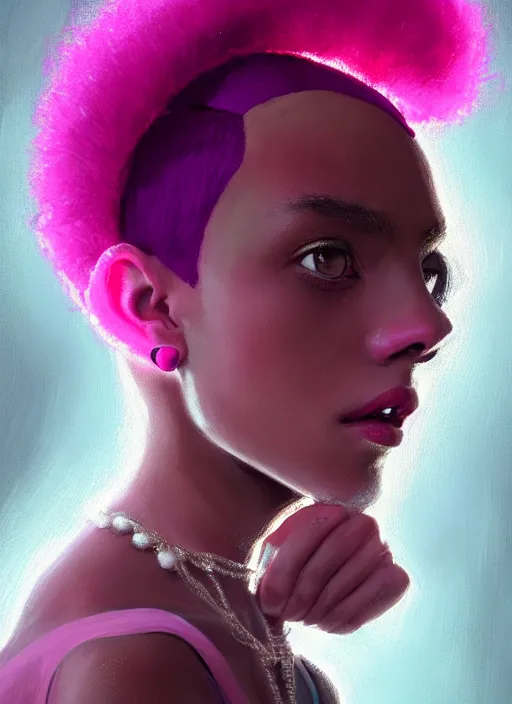 Image similar to portrait of teenage vanessa morgan with bright pink hair, black girl, curly pixie cut hair, wearing a purple breton cap, breton cap, hoop earrings, intricate, elegant, glowing lights, highly detailed, digital painting, artstation, concept art, smooth, sharp focus, illustration, art by wlop, mars ravelo and greg rutkowski