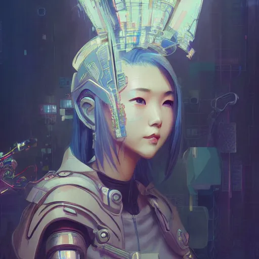 Prompt: cyberpunk japanesse girl, with techware, d & d, intricate, elegant, highly detailed, digital painting, japanese, unreal engine 5, trending on artstation, concept art, studio ghibli, illustration, art by artgerm and greg rutkowski and alphonse mucha