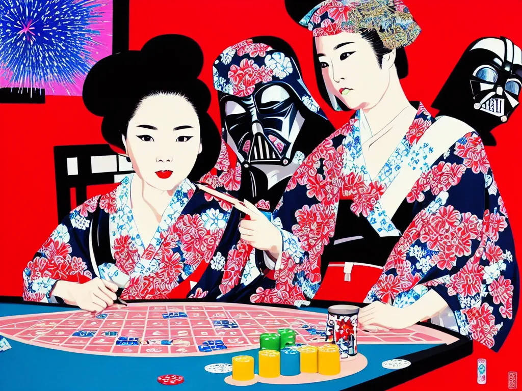 Image similar to hyperrealistic composition of the detailed woman in a japanese kimono sitting at a poker table with detailed darth vader, fireworks, mount fuji on the background, pop - art style, jacky tsai style, andy warhol style, acrylic on canvas