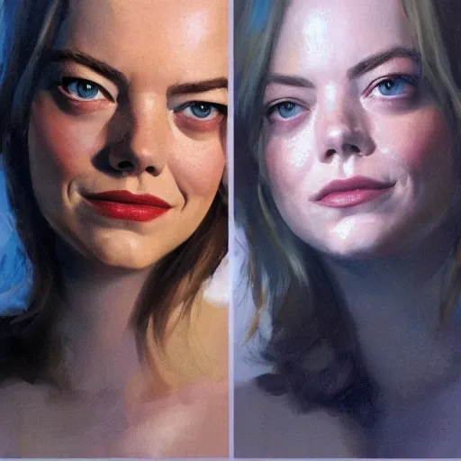 Image similar to emma stone : left - half is sad emma stone, right - half is smiling emma stone, fine details, realistic shaded lighting poster by greg rutkowski, magali villeneuve, artgerm, jeremy lipkin and michael garmash and rob rey