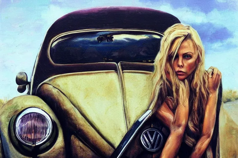 Prompt: beautiful t charlize theron with long blonde hair locks holds over its head on its two hands old volkswagen beetle, oil on canvas, naturalism