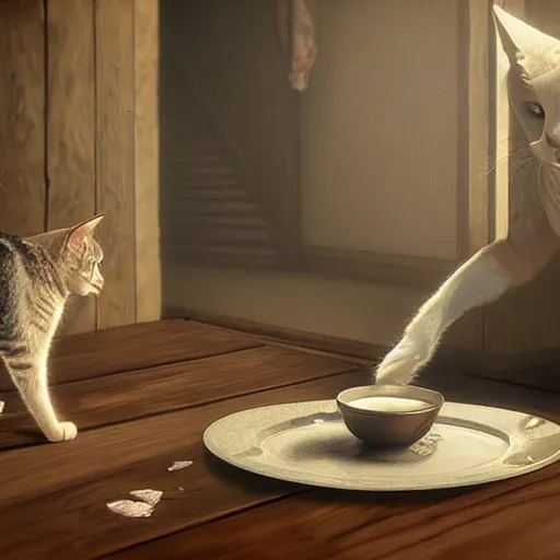 Image similar to cat drinks milk!!! from a plate!!!, in game pathologic 2, digital art, unreal engine, cinematic composition, sharp, details, hyper - detailed, hd