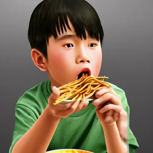 Image similar to a photorealistc digital art of a young asian boy eating noodles, award winning photography, trending on artstation