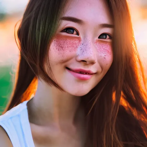 Prompt: beautiful hyperrealism selfie of a cute 3 d young woman smiling softly, long light bronze brown hair, cute freckles, flushed face, red blush, small heart - shaped face, soft features, emerald green eyes, chinese heritage, golden hour, 8 k, sharp focus, instagram