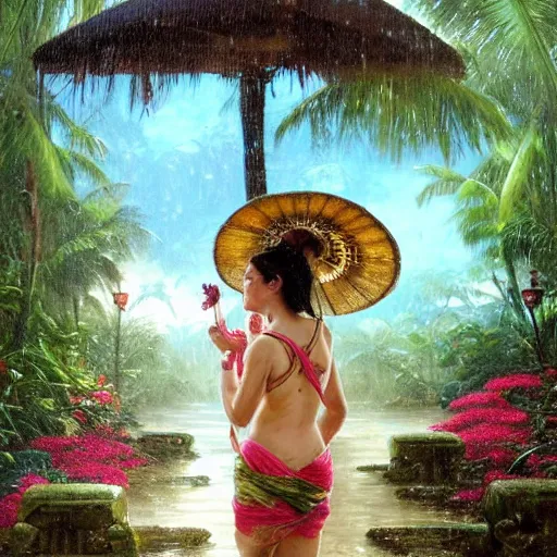 Image similar to monsoon on tropical island, attractive oriental woman, ornate, beautiful, atmosphere, vibe, mist, coconuts, rain, wet, pristine, puddles, melting, dripping, snow, creek, lush, ice, bridge, forest, roses, flowers, by stanley artgerm lau, greg rutkowski, thomas kindkade, alphonse mucha, loish, norman rockwell