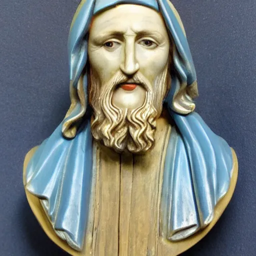 Image similar to holy roman chalkware Jesus bust antique painted pearlescent blue sacred Catholic