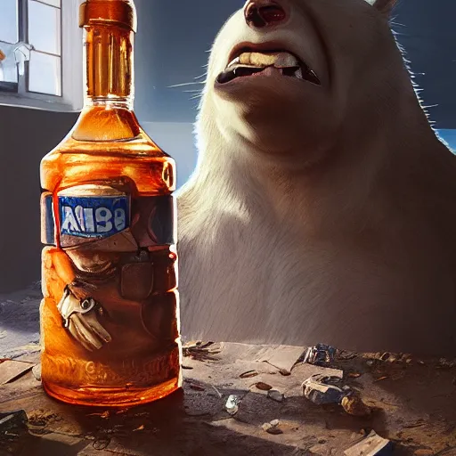 Image similar to an epic painting minion, drinking vodka in russia with bear, oil on canvas, perfect composition, golden ratio, beautiful detailed, photorealistic, digital painting, concept art, smooth, sharp focus, illustration, artstation trending, octane render, unreal engine