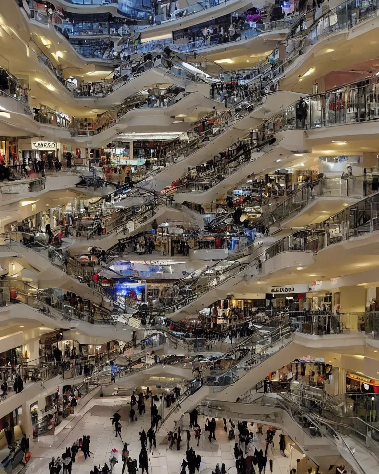 Prompt: the inside of a many-layered shopping mall, bustling with crows, eight floors