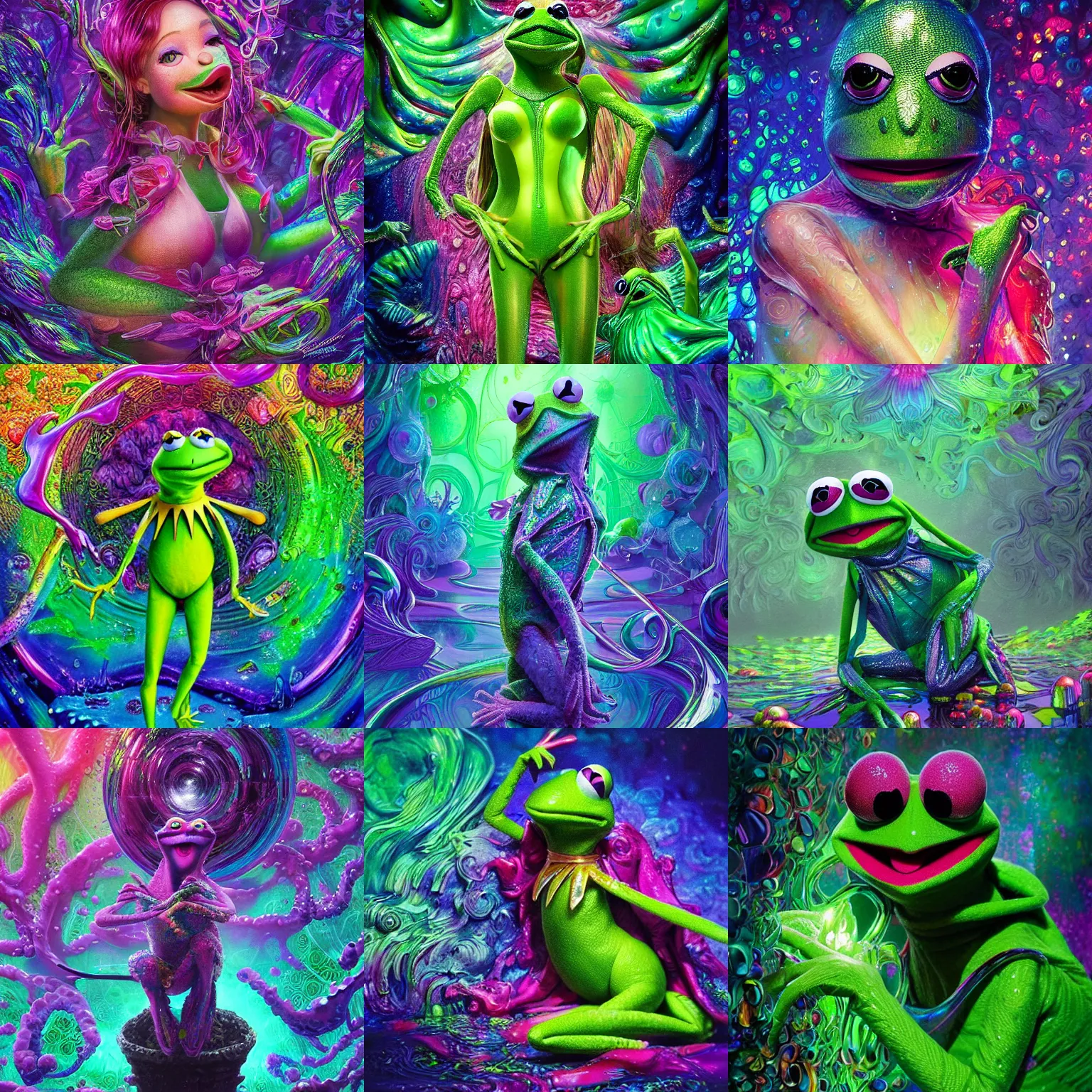 Prompt: ultra detailed illustration of Kermit the Frog covered in a sea of iridescent liquid by nekro, Karol Bak, colorful, vivid colors, 8k, coherent, anime vibes, uplifting, magical composition, artstation, synthwave, 8k, coherent, artgerm, uplifting, unreal engine, magical composition, artstation