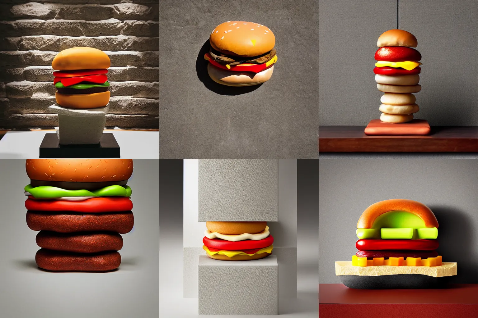Prompt: stacked stone sculpture of a Mcdonalds hamburger by Devin Devine. gallery photograph, indoor lighting