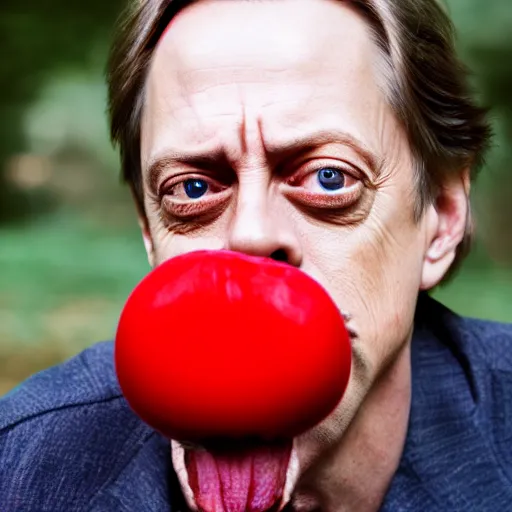 Prompt: portrait photo of steve buscemi finding a giant red mushroom, exhilarated, portrait, closeup. mouth open, 30mm, bokeh