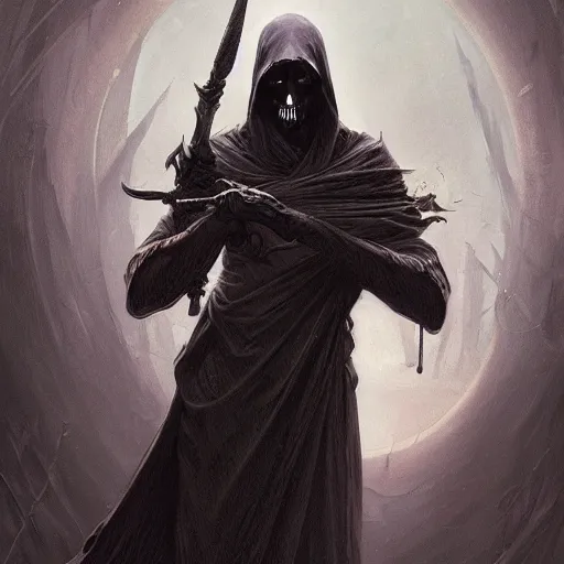 Image similar to the grim reaper, dark fantasy, intricate, elegant, highly detailed, digital painting, artstation, concept art, wallpaper, smooth, sharp focus, illustration, art by artgerm and greg rutkowski and alphonse mucha