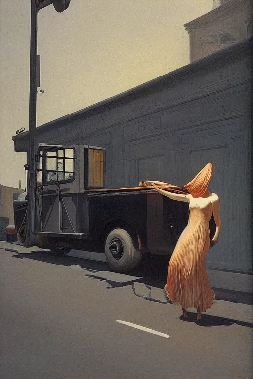 Prompt: woman put the truck through her head Edward Hopper and James Gilleard, Zdzislaw Beksisnski, higly detailed