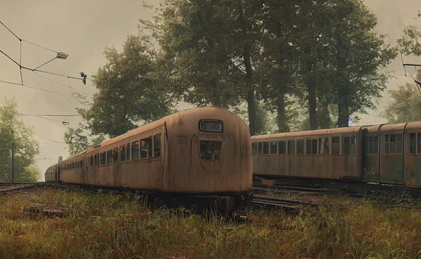 Image similar to An abandoned train station by Simon Stalenhag, hyperrealism art, cinematic lighting, overgrown swedish urban landscape, 8k resolution, trending on artstation