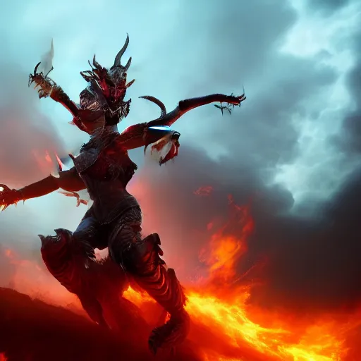 Image similar to female warrior riding a dragon spitting fire, with a thousand army dragon behind here riding to heaven, Unreal Engine, Artstation, 8K, live-action, cinematic,