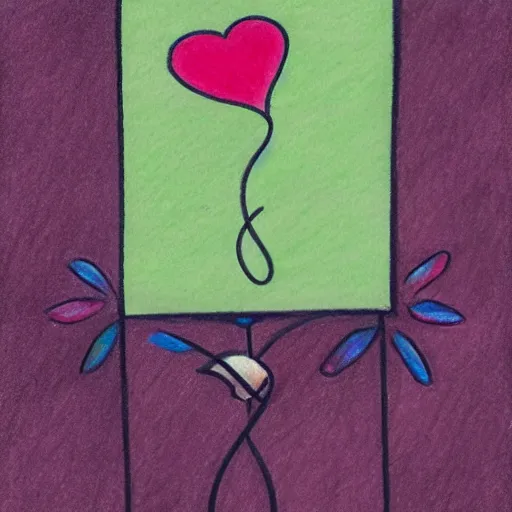 Prompt: A drawing of wind blowing a gentle flower with hearts. Some hearts are flying away from the plant in the background with the wind