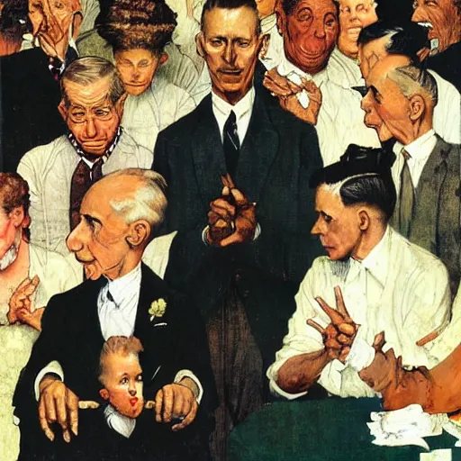 Image similar to An elegant man throws gang signs. Painting by Norman Rockwell.