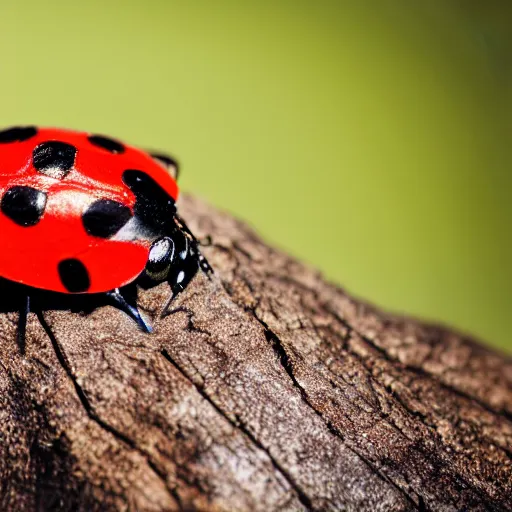 Image similar to macro photo of a ladybird on a tree trunk, reduced field of view, cinematic lighting, professional photography, sunny day