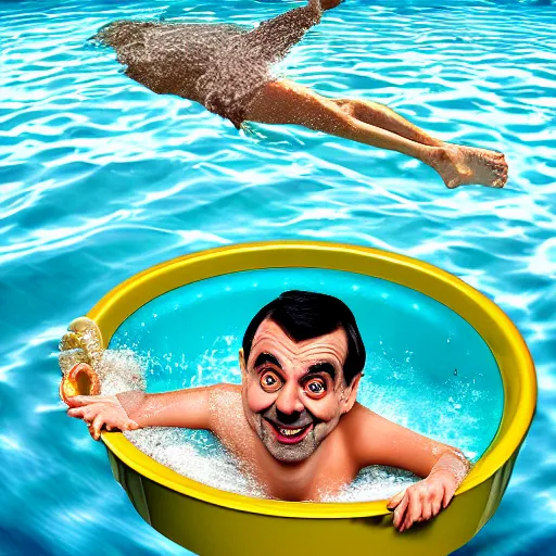 Image similar to mr bean swimming in a bathtub but instead of water it is baked beans full to the brim