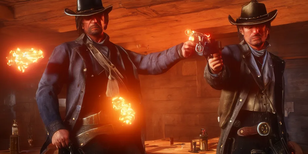 Prompt: a futuristic cowboy holding a glowing revolver to his enemies in a wild western bar, red dead redemption 2, trending on artstation, digital art, award winning, cinematic lightning, ray tracing, 8k, Highly Detailed