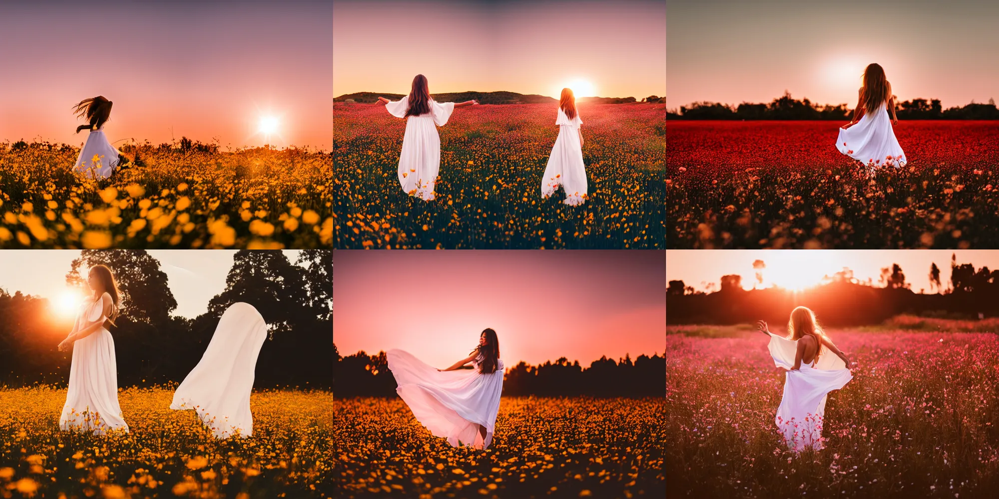 Prompt: 50mm DSLR photograph of a stunning flower meadow at sunset, ethereal female in a white dress dancing in the center, soft lighting, photography, panoramic view, Hyperdetailed, Lightroom preset, photorealistic, Unsplash