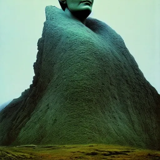 Image similar to A mountain look like a women, a monumental sculpture of a bust, by Artgem and Zdzislaw Beksinski