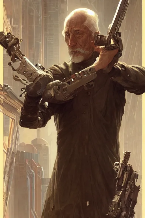 Prompt: cyberpunk old man, cyber arms augments, cyborg, movie poster, normal hands, normal legs, cinematic lighting, intricate, rugged, highly detailed, digital painting, artstation, smooth, sharp focus, illustration, art by artgerm and greg rutkowski and alphonse mucha and Wayne Barlowe and william-adolphe bouguereau