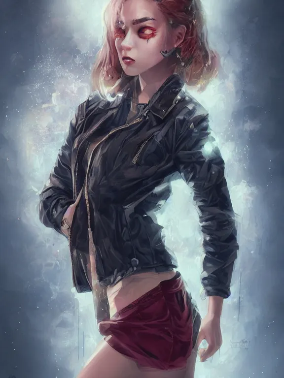 Image similar to digital illustration of a girl with eyes that burn like cigarettes wearing a short skirt and a long jacket with fingernails that shine like justice, dramatic lighting, photorealistic, full body shot, full body portrait, extreme detail, 4 k, colorful, artgerm and craig mullins, detailed face