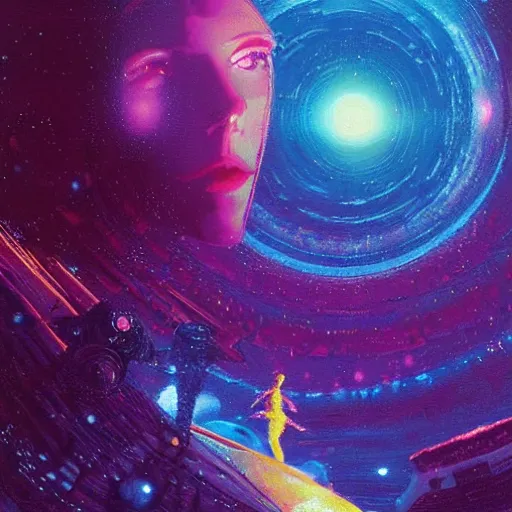 Image similar to epic illustration of Scarlett Johansson as a beautiful space wizard by Paul Lehr, detailed, space opera, screen print,