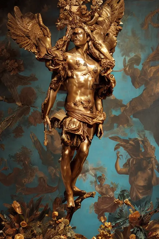 Image similar to a young handsome Spanish prince in a full-body bronze baroque and cyberpunk style statue of Icarus posed like a bird, crown of peach roses, flowing teal-colored silk, fabric, flowers. baroque elements, human skull. full-length view. baroque element. intricate artwork by caravaggio. many many birds birds on background. Trending on artstation, octane render, cinematic lighting from the right, hyper realism, octane render, 8k, depth of field, 3D