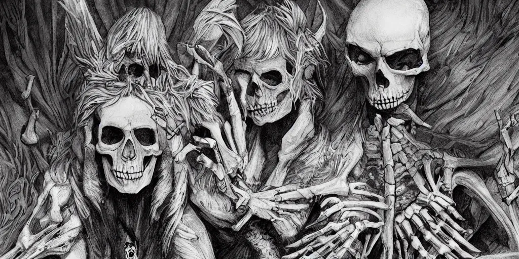 Prompt: i, Sandman and Lucifer in purgatory, skeletons on the ground, high definition, 8k, details, trending on artstation