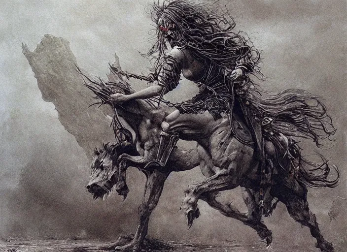 Image similar to cowgirl fighting monsters by Beksinski and Luis Royo
