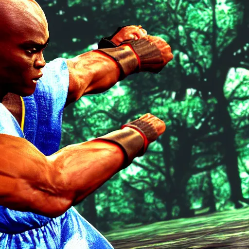 Image similar to attacking screenshot of anderson silva in tekken, ps 1 graphics, low poly, texture warp, pixel aliasing, fighting game in forest, sd video, tekken 1 playstation, health bar hud