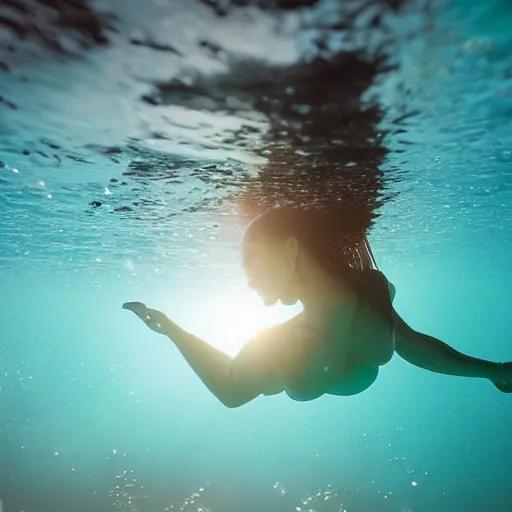 Image similar to mermaid breaking the surface of the water, underwater photography with light scattering and water refractions, smooth