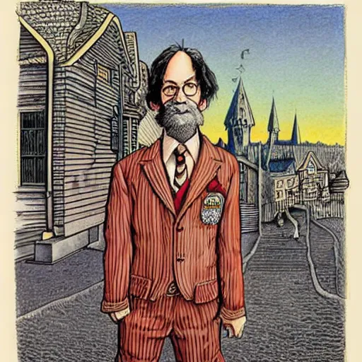 Prompt: The Artwork of R. Crumb and his Cheap Suit Harry Potter, pencil and colored marker artwork, trailer-trash lifestyle