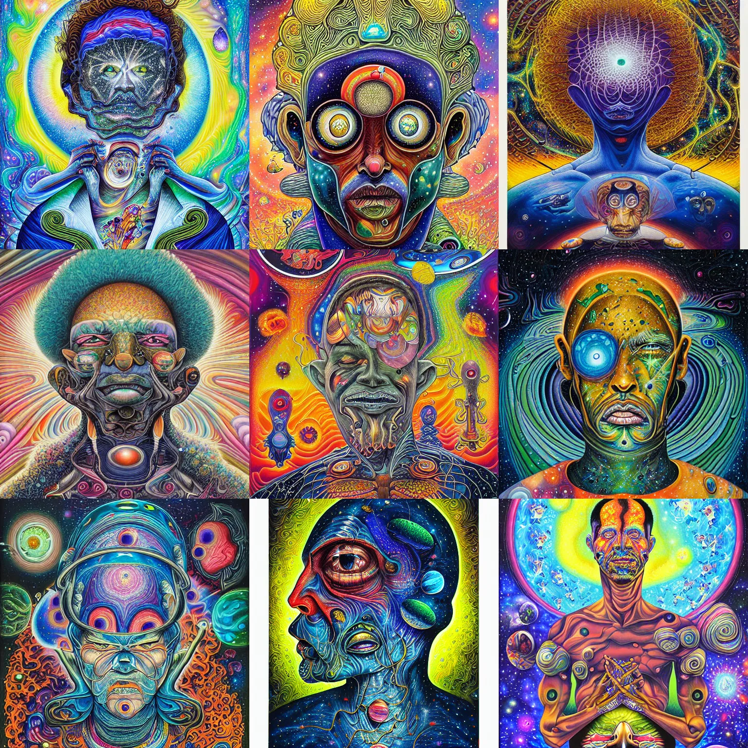 Prompt: Portrait of a galaxy painting by aaron brooks, chris dyer, android jones, and alex grey