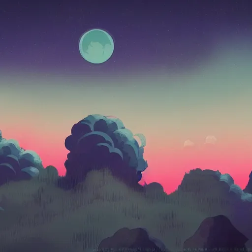 Image similar to a moon shining behind a cloudy night, cool color palette, matte painting in the style of studio ghibli