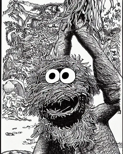 Image similar to an illustration of Cookie Monster, full body, pen-and-ink illustration, etching, by Russ Nicholson, DAvid A Trampier, larry elmore, 1981, HQ scan, intricate details