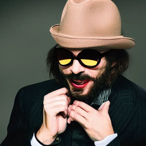 Prompt: film still, extreme long shot, of an enigmatic mysterious man, making a creepy smile, face unseen by wearing a luxury designer fedora and chopard sunglasses, expensive outfit, elegant, casual, intricate, symmetrical, rich moody colors, by annie leibovitz, canon eos 5 d mark iv camera