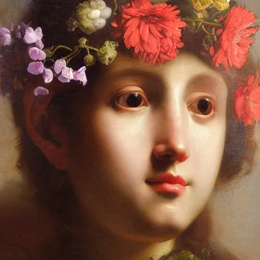 Prompt: a closeup portrait of one beautiful young goddess with flowers behind her head, painted by diego velazquez and rachel ruysch, hyperreal, dark, dramatic lighting, analogous complementary colour scheme