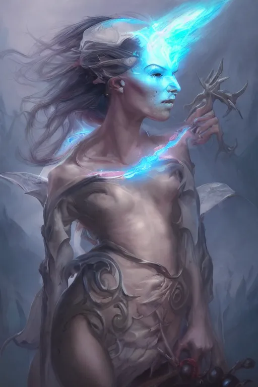 Image similar to beautiful girl necromancer full of sculls, wizard of the coast casting magic spell, angel, magic storm and thunder clouds, scifi, fantasy, magic the gathering, hyper detailed, octane render, concept art, 3 d render, hyper realistic detailed portrait, peter mohrbacher