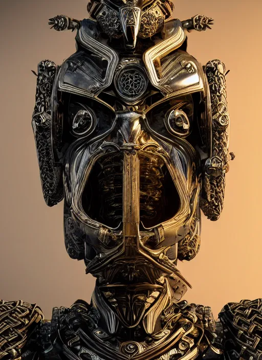 Image similar to hyper realistic glorious ancient celtic god in a obsidian metal armor, futuristic design, designed by makoto kobayashi and luca zampriolo, portrait, cyberpunk style, wood and gold details, intricate, extremely detailed, ornate, deep of field, hard surface, exoskeleton, substance designer metal unreal engine. amazing likeness. very detailed.